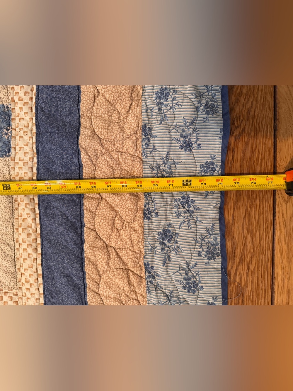 Handmade Log Cabin pattern quilt with blue and tan fabrics - Picture 14 of 16